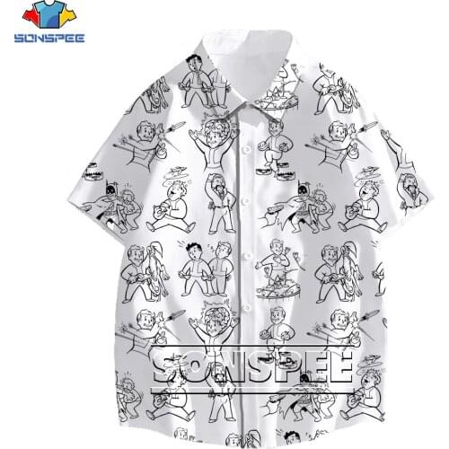 SONSPEE Fallout Hawaiian Shirt PC Game Anime 3D Printed Top Men Women Summer Loose Fashion Button Short Sleeve Oversized Shirt