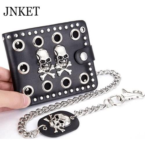 JNKET Fashion Alloy Skull Rivets Mens Wallet PU Leather Punk Purse Billfold Folding Clutch Wallet Detachable Metal Chain