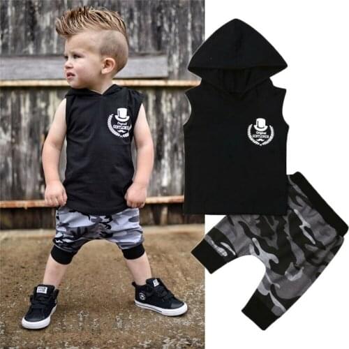 Baby Boy Clothes Set Black Sleeveless Hoodies Hooded Tops Camo Harem Pants 0-4Y Toddler Kids Summer Casual Outfits 2021 New