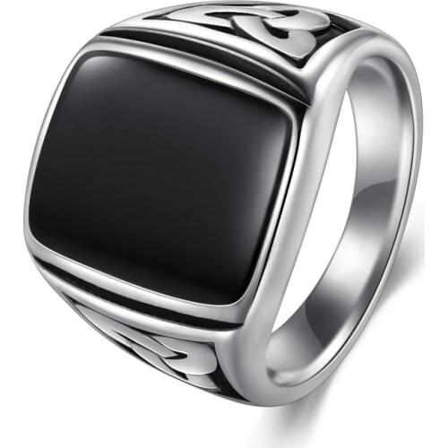 Punk Titanium Steel Ring Big Black Stone Square Ring Men Silver Color For Male Jewelry Vintage Wedding Party Gift