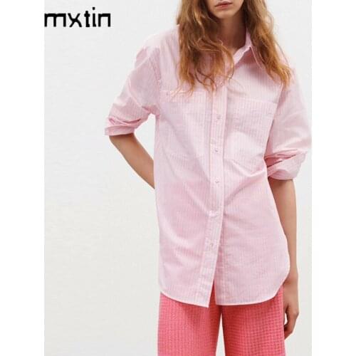MXTIN 2021 Women Spring Fashion Single Breasted Loose Shirt Vintage Long Sleeve Lapel Collar Oversized Pocket Casual Tops