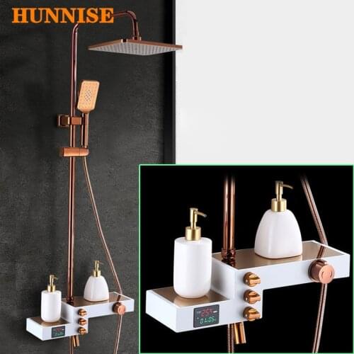 Bathroom Shower Set HUNNISE Rose Gold Thermostatic Shower System Brass Bathtub Faucet Wall Mounted Rose Gold Digital Shower Set