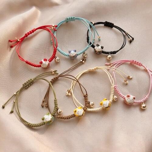 New Simple Hand-knitted Kawaii Ceramic Cat Charm Rope Bracelets Tassel Beads for Women Japanese Style Fashion Jewelry