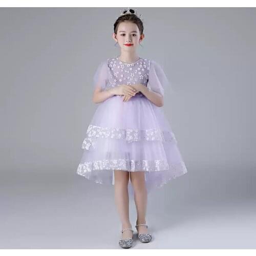 Flower Girl Dresses Illusion O-Neck Embroidery Short Princess Knee-Length Tulle Lace Luxury Purple Elegant Kids Party Gown H438