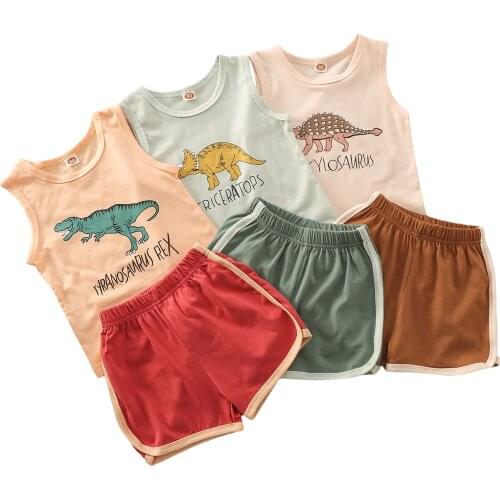 Girls Casual Two-piece Clothes Set, Dinosaur and Letters Printed Pattern Vest and Elastic Waist Shorts, 2021 New Fashion