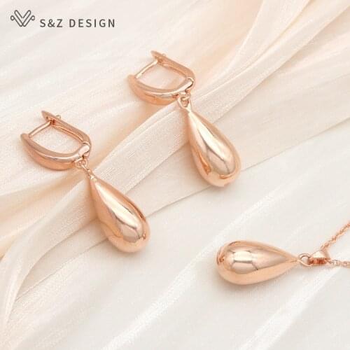 S&Z DESIGN New Arrivals 585 Rose Gold Water Drop Metal Dangle Earrings Pendant Necklace Jewelry SetsFor Women Wedding Jewelry