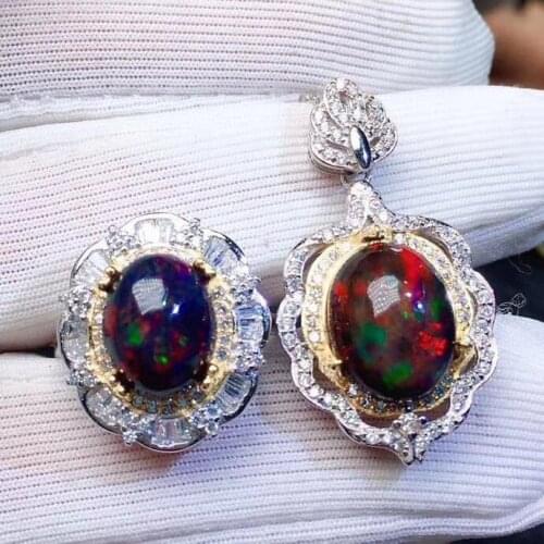 The Best GiftFor your girl Friend Black Opal Set 925 sterling silve Real Natural 1pc Black Opal Ring,1pc Black Opal Pendant