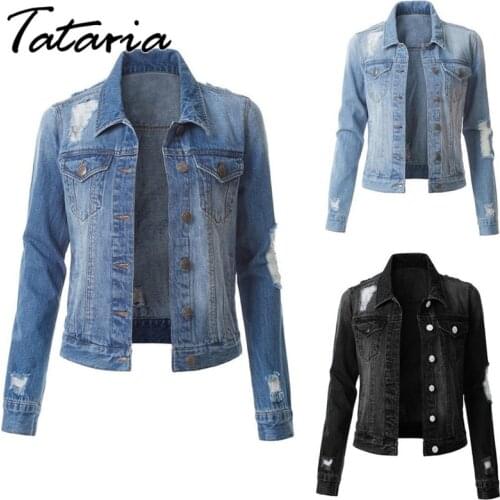 Womens Short Denim Jacket Casual Loose Plus Size Spring Jeans Coats Ripped Holes Jeans Jacket Women Vintage Bomber Denim Coat