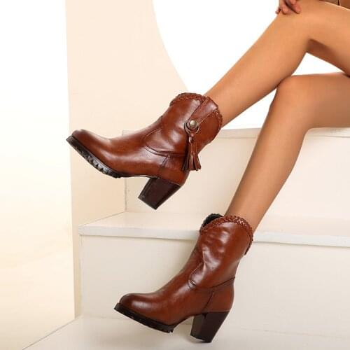 YMECHIC 2021 Autumn Winter Sexy Fringe Western Cowboy Ankle Boots Women Plait Cossacks Cowgirl Botas High Heel Shoes Botas Mujer