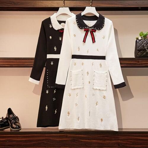 2020 autumn new large size womens bow tie knit dress, pocket knit dress Elegant lady