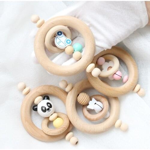 1Pc Baby Rattles Crib Mobiles Baby Teethers Food Grade Silicone Animal Teether Wooden Bell Toys Nursing Pendant Newborn Products