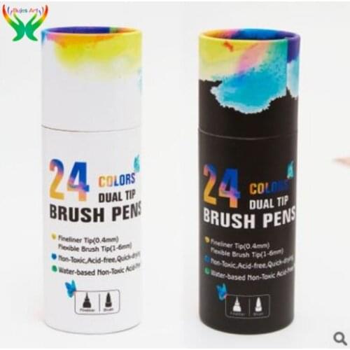 24 color double head watercolor pen soft hair pen with thread hook end barrel for students' art graffiti coloring pen art suit