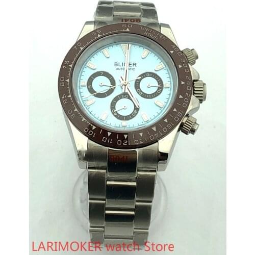 BLIGER Brand Root Beer Rose Gold Automatic Men Watch Sapphire Glass GMT Hand Date Window Mental Strap Ceramic Bezel