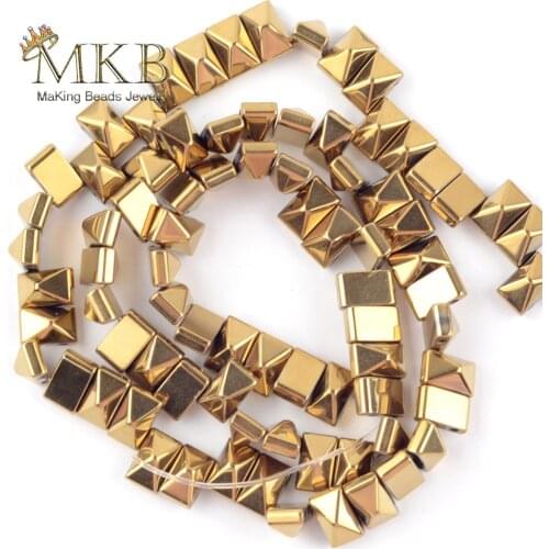 Natural Color Golds Pyramid Double Hole Hematites Stone Spacer Beads For Jewelry Making 6*3/6*6/8*4mm DIY Bracelets Necklace 15"