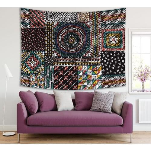 Tapestry Quilting Patchwork with Ethnic Patterns Embroidery Vintage Style Design Green Yellow Blue Black Colored
