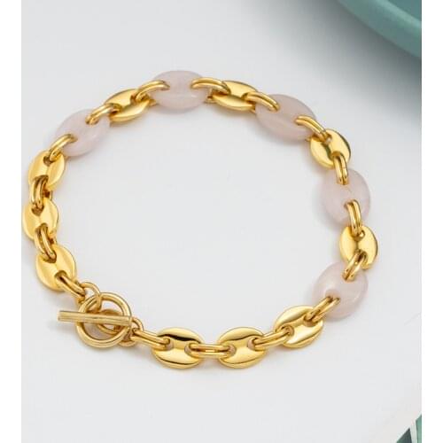 Jaeeyin 2021 Fashion OT Buckle Bracelet Pink Natural Stone Gold Pig Snout Sweet Hot Jewelry Gift For Girlfriend Teen Go Vacation