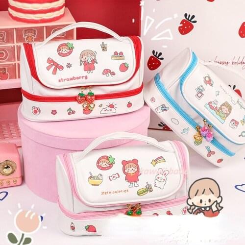 Kawaii Large Pencil Case Stationery Storage Bags PU Pencil Bag Cute Makeup Bag School Supplies for Girl Kids Gift W/ Badge