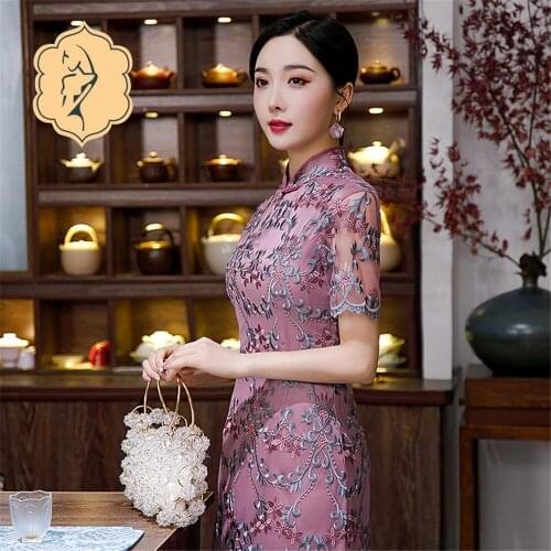 Chinese Style Traditional Qipao Dress For Ladies Vintage Elegant Purple Mesh Embroidery Dresses Women Plus Size Party Dress