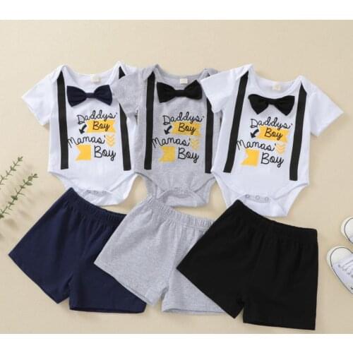 Summer Baby Boys Two-piece Clothes Set Letters Printed Pattern Romper Solid Color Shorts Babys Sets Black/ Grey/ Navy