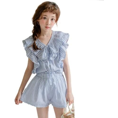 Girls Blue White Stripe Clothing Set For 10 12 14 Years Teenager Sleeveless Tops + Shorts 2 Pieces Sets Summer Princess Ruffle