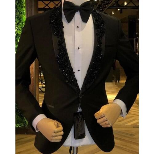 Black Beads Shawl Lapel Costume Homme Marriage Wedding Masculino Terno Tuxedo Slim Fit Groom Prom Blazer 2 Pieces Men Suits
