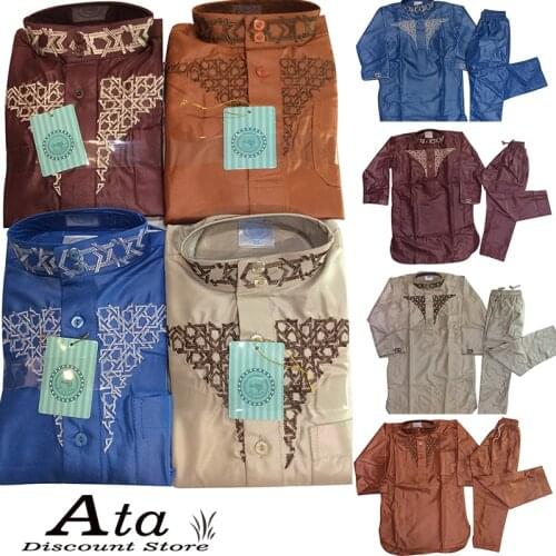 Muslim Baby Boy Jubba Thobe For Chlidren Satin Embroidery Jacket and Trousers Oman Abaya Dubai Pakistan Islam Clothing Ramadan