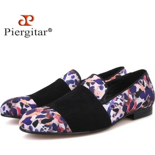 Piergitar 2019 Luxury Mens Animal Prints Cotton Fabric Loafers with Black Suede Strap Casual Style for Party Banquet and Prom
