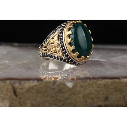 Natural Green Quartz Stone 925 Silver Engraved Traditional Ring Handmade Turkish Signet Rings Rock Jewelry Gift for Women Men