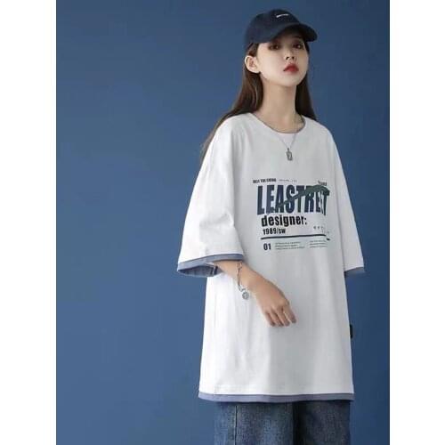 2021 Summer New Pure Cotton Short-sleeved T-shirt Female Korean Version Ins Loose Loose Fake Two-piece Student Wild Top Tide