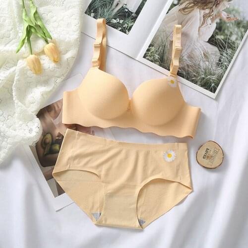 Beige Chrysanthem Sensual Sexy Lingerie Set Girl Women Underwear Plus Size Wirefree Bras Panty One-piece Seamless Bra Briefs Set