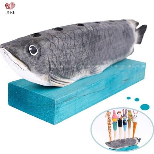 Solid Wood Hand Carved Dragon Fish Pen Insert Multi-functional Creative Stationery Storage Log Pen Holder Ornament Student Gift