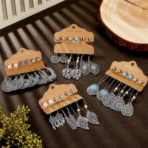 Vintage Ethnic Silver Color Flowers Leaf Dangle Drop Earrings for Women Boho Tassel Earrings Sets Fashion Jewelry Accessories