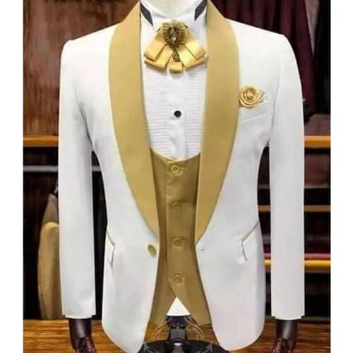 White Wedding Groom Tuxedo with Gold Vest Slim Fit Men Suits 3 Piece Custom Made Jacket Pants Male Fashion Costume