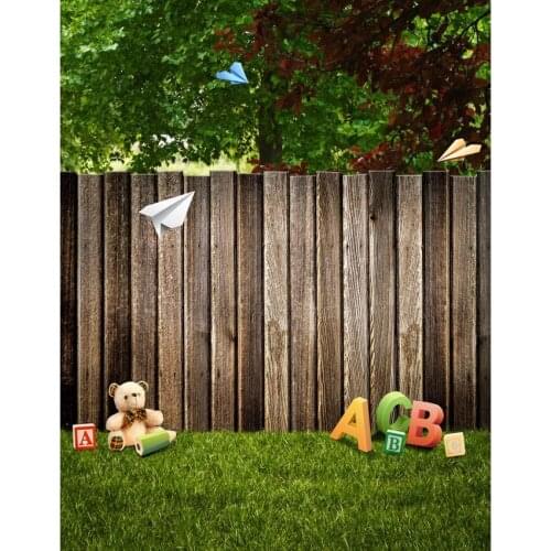 TR Outdoor Garden Tree Spring Grass Wood Fence Photography Studio Backdrops Paper Plane Children Kid Teddy Bear Photo Background