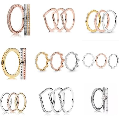 925 Sterling Silver pan ring stackable heart-shaped crystal ring three sets for womens wedding party gifts fashion jewelry