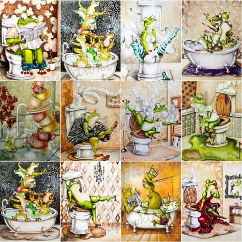 Funny Frog Bathroom Diamond Painting Abstract Cartoon Full Drill Embroidery Cross Stitch Mosaic Kit Nursery Home Decoration Gift