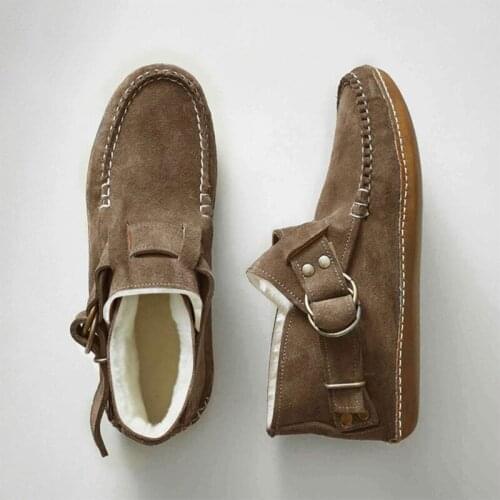 Women Flat Shoes Sewing Rivets Warm Furry Metal Buckle Fuckle Ladies Women Casual Comfortable Soft Pu Leather Female Plus Size 6