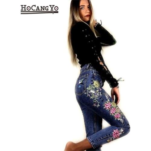 HCYO Women Denim Jeans Pants Long Straight Cotton Denim Jeans Trousers Flowers Embroidery High Waist Jeans Leggings Plus Size