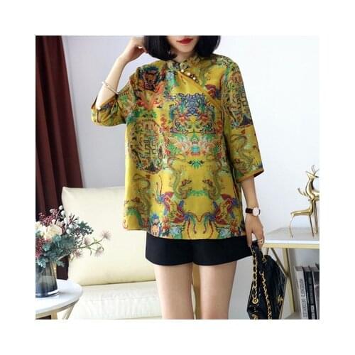 2021 women satin cheongsam top chinese tops elegant vintage qipao shirt chinese style traditional printing qipao costume