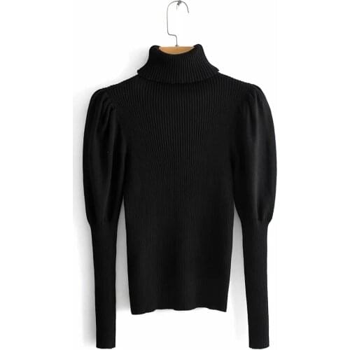 Za Women Ins High Collar Bubble Sleeve Sweater Ladies Slim Bottoming Shirt Knit Shirt Vintage Top Female Pullovers Chic Tops