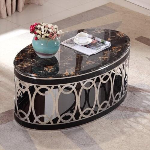 Marble coffee table is simple and fashionable, round oval stainless steel hollow storage tea table, creative living room coffee