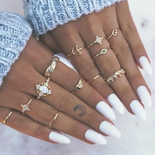 13 pcs/lot New White Opal Star Joint Finger Rings Sets Female Crystal Crown Gold Moon Knuckle Rings for Women Nails Toes Jewelry