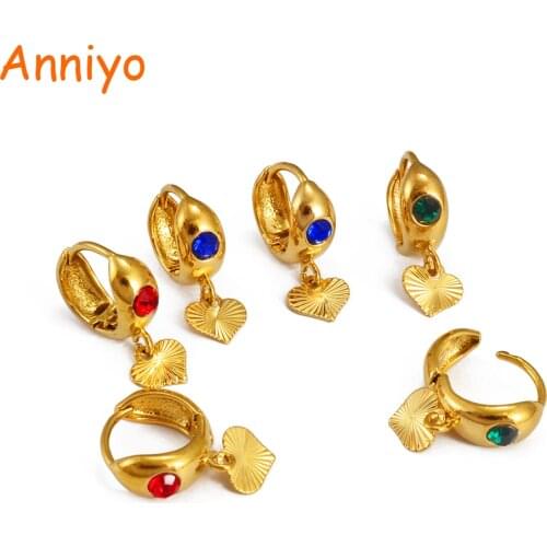 Anniyo African Heart Earrings Rhinestone for Women Girls,Gold Color Round Circle Earring Arab Jewelry Wedding Party Gift #128616
