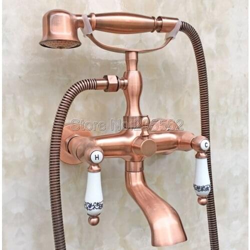 Antique Red Copper Bathtub Shower Faucets Set Dual Handle Mixer Tap Wall Mounted Bath Shower Set Hand Held Shower Ltf804