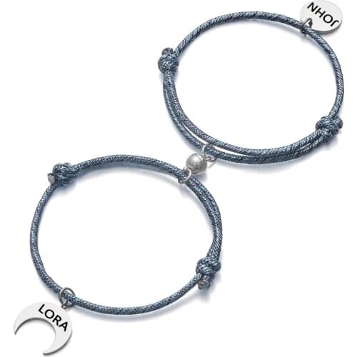 1Pair Personalized Couple Bracelets Engraving Name Date With Sun Moon and Magnetic Clasps Charm Rope Bracelet Custom Jewelry
