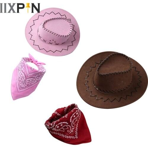 Kids Western Cowboy Hat With Bandanna Head Scarf Set Boys Girls Cowboy Costume Children Halloween Cosplay Fancy Party Dress Up