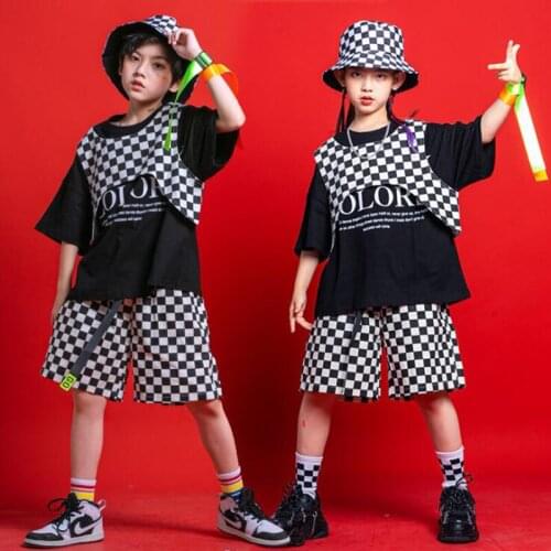 Kids Hip Hop Clothing Checkered Sleeveless Top Vest Streetwear Shorts T Shirt For Girl Boy Dance Wear Costumes Clothes Set