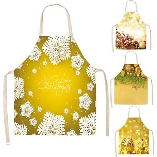 Golden Christmas Aprons Print Kitchen Apron Santa Claus Apron Cotton Linen Wasy to Clean Home Tools