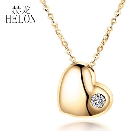HELON Solid 18K Yellow Gold Full Cut Natural Diamonds Love Heart Engagement Wedding Chain Pendant Necklace Women Diamond Jewelry