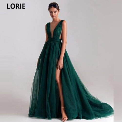 LORIE V-Neck A-Line Tulle Evening Dresses 2021 Simple Pleat Robe De soirée De Mariage Court Train Side Split Vestidos De Festa